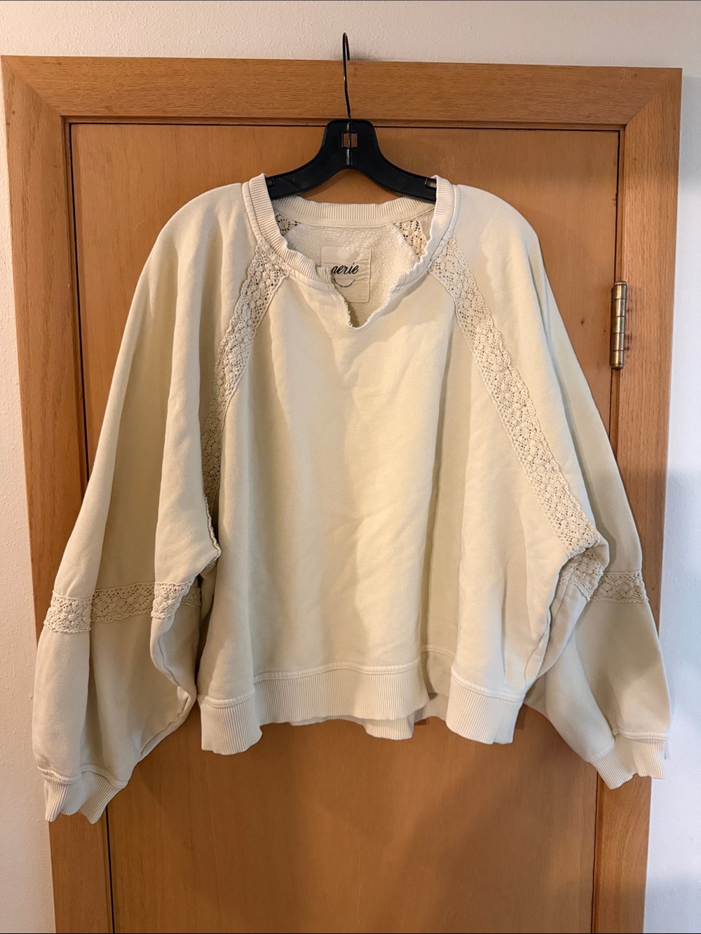 Aerie Women’s Lace-Trim Boxy Oversized Pullover Sweatshirt Cream Size XL